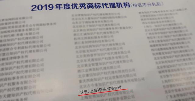 罗思咨询荣获“2019年度优秀商标代理机构”称号